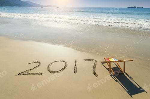 Preview: 2017 Written In Sand Write On Tropical Beach With Deck Chair.