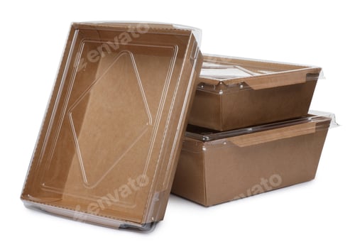 Preview: Empty paper containers for food on white background