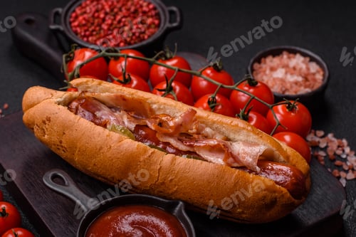 Preview: Hotdog with grilled sausage with bacon and mushrooms