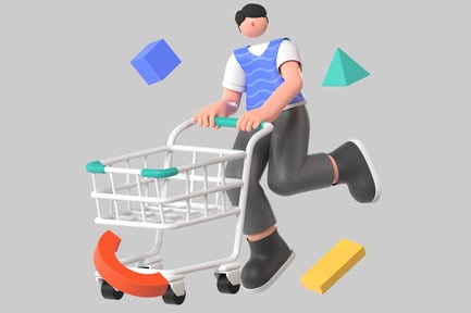 Preview: Person pushing shopping cart surrounded by various shapes.