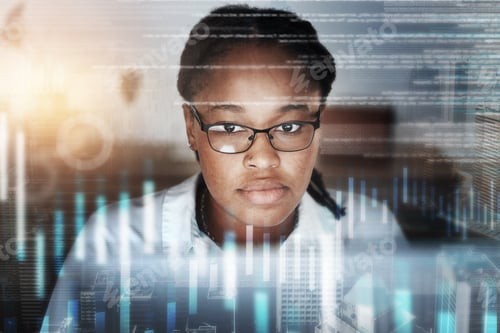 Preview: Stock market, graph and black woman doing research for finance, cryptocurrency and trading investme
