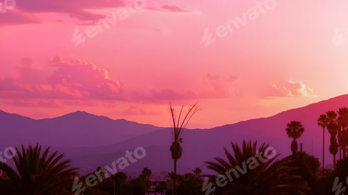 Preview: Vibrant desert sunset with palm silhouettes.