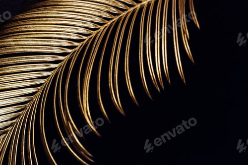 Preview: Painted Golden tropical leaves on black background. Glamor Creative layout, art deco style