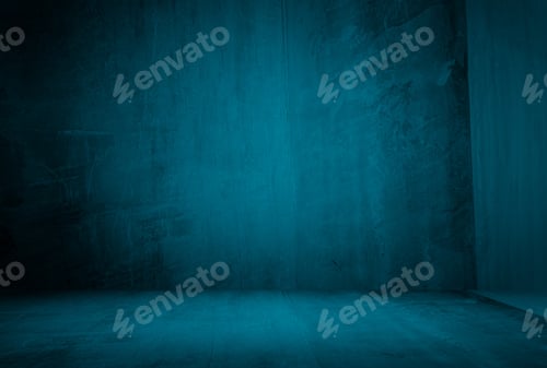 Preview: Vintage grunge blue concrete texture studio wall background with vignette.