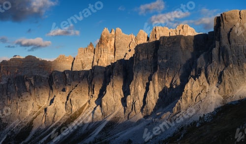 Preview: Panoramic view of the mountain peaks during sunset. The Dolomite Alps, Italy.