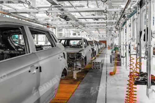 Preview: Plant for production of cars. Modern automotive industry. Electric car factory, conveyor