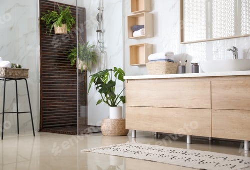 Preview: Bathroom interior with shower stall and houseplants. Idea for design