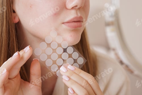 Preview: Woman Applying Round Acne Patch to Face for Skincare and Pimple Treatment Closeup