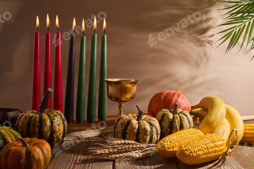 Preview: Kwanzaa. African holiday Kwanzaa with decoration of seven candles and pumpkins