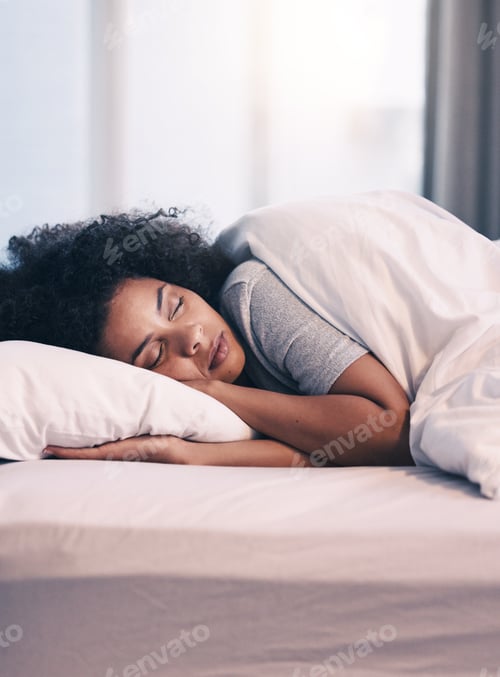 Preview: Sleeping, African woman and bed with morning nap in home with rest feeling calm with peace. House,