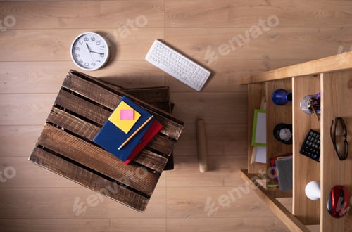 Preview: Stack of wooden box and furniture on floor laminate background. Wood shelving