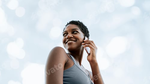 Preview: Smiling Woman Talking on Phone with White Background