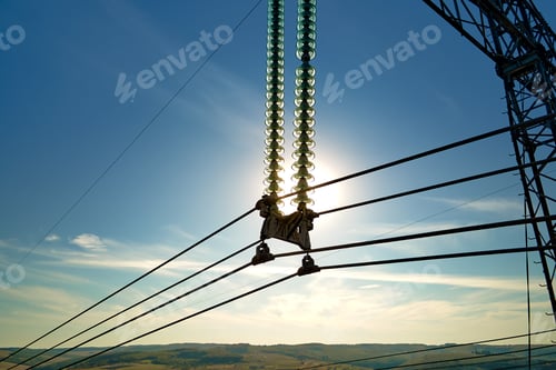 Preview: High voltage insulation string on steel pillar with electric power lines for safe delivering of