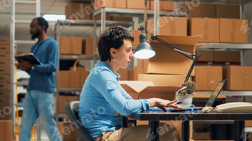 Preview: Female employee working on shipping stock from storehouse shelves
