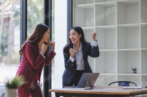 Preview: Businesswomen celebrating success, achievement, and teamwork