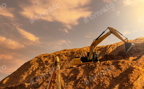 Preview: Backhoe working on huge sawdust pile in paper production factory. Bucket of digger digging wood chip
