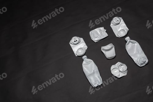 Preview: Crumpled plastic and metal cans lie on a black background with copy space. Concept of littering of