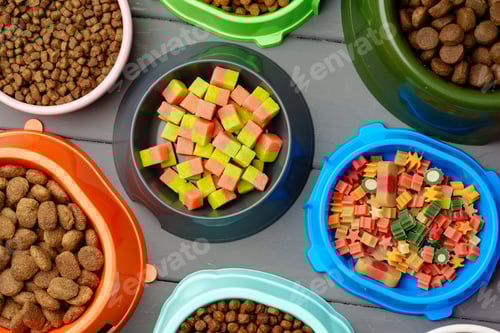 Preview: Various pet bowls with dry food on gray wooden background