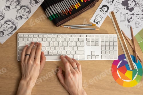 Preview: The designer's hands work at the computer on the designer's
