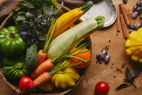 Preview: Basket filled with farm vegetables on wooden table