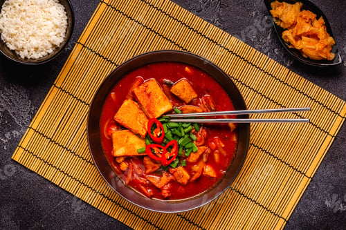 Preview: Korean traditional food, spicy kimchi soup (kimchi tige) with pork and tofu cheese.