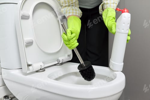 Preview: Housewife washing and disinfecting toilet, in gloves with detergent and brush