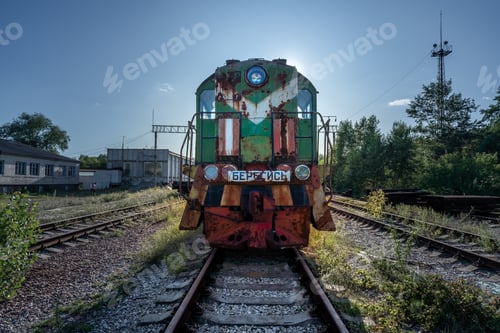 Preview: Old rusty train in Yaniv Railway Station - text says: Beware - Chernobyl Exclusion Zone, Ukraine