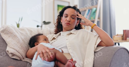 Preview: Woman, baby and stress headache on sofa for child development care with fatigue, migraine or injury