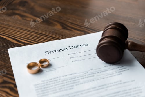Preview: divorce decree, wedding rings and judge hammer on wooden table