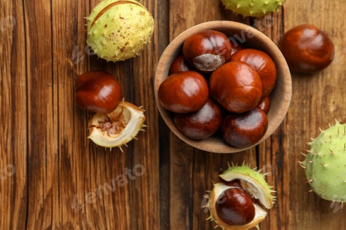 Preview: Horse chestnuts on wooden table, flat lay