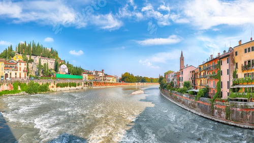 Preview: Amazing Verona cityscape view on the riverside with historical buildings ,bridges and tower