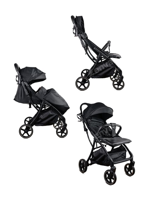 Preview: Modern black baby stroller isolated on white background showing different positions