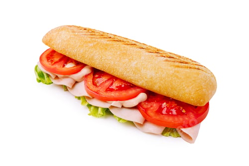 Preview: Fresh sandwich with lettuce, tomato, and turkey meat on a soft bread roll