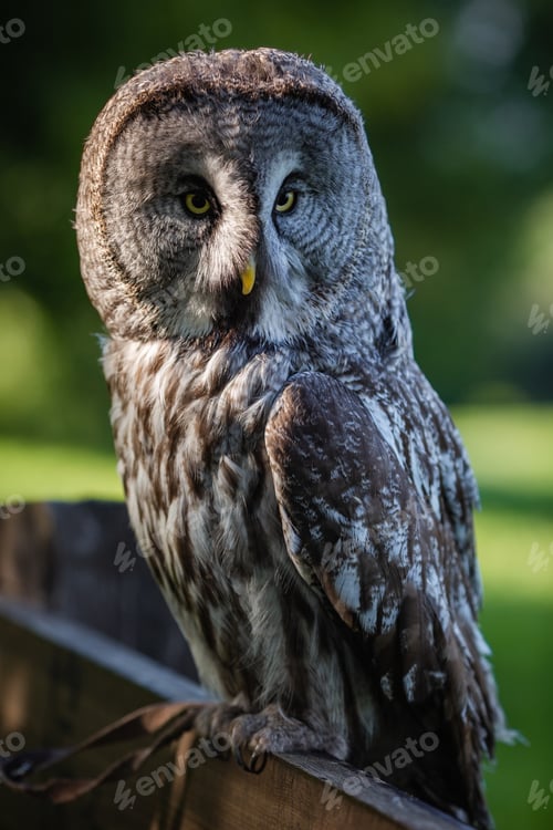Preview: A large bearded owl sits on a fence in a park. Close-up portrait of an adult owl