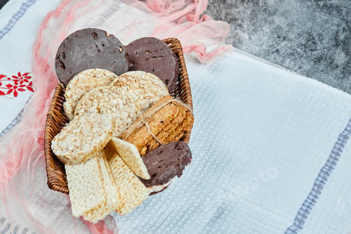 Preview: A basket of biscuits on a marble background with a tablecloth