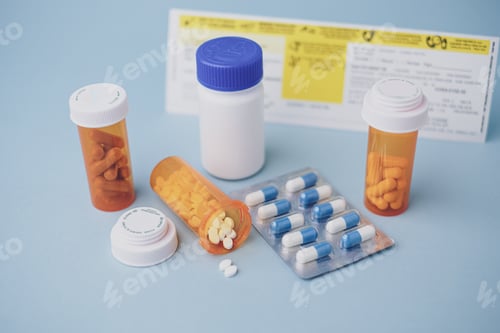 Preview: The prescription medication and healthcare concept on blue background.