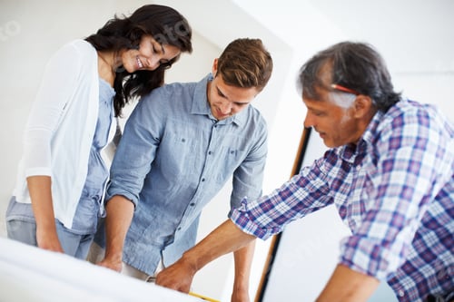 Preview: Attractive couple discussing home renovation plan with architect