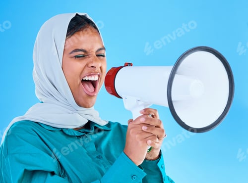 Preview: Young woman, muslim and loudspeaker in studio for protest, human rights and scream by blue backgrou