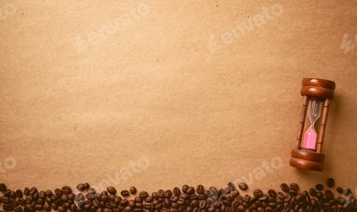 Preview: Coffee Beans And Hourglass On Brown Craft Paper Background