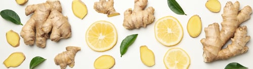 Preview: Fresh ginger and lemon on white background, top view