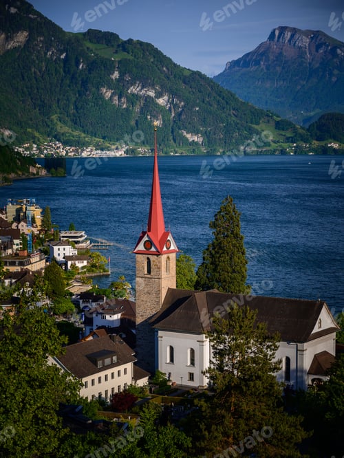 Preview: Beautiful shot of Saint Mary Church on the shore of Lake Lucerne in Weggis, Switzerland