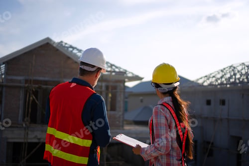 Preview: Blue collar workers are building house.