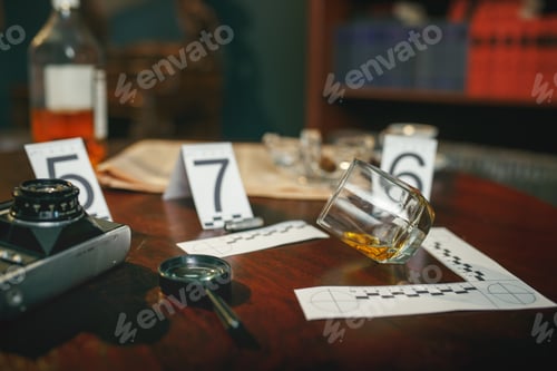 Preview: Crime scene, evidence with numbers on the table