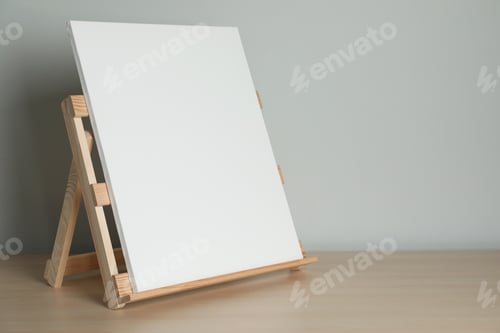 Preview: Wooden easel with blank canvas on table. Space for text