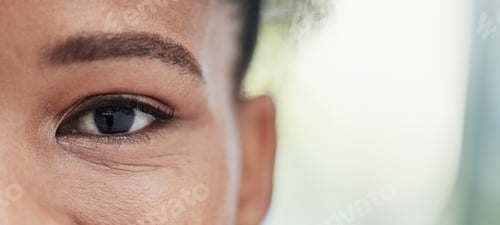 Preview: Eye focus, vision zoom and mockup of a black woman outdoor with blurred background. Eyes closeup, p