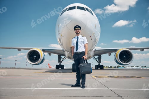 Preview: Cheerful male pilot standing outdoors in airfield