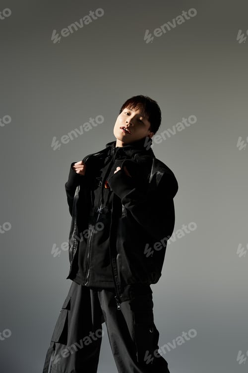 Preview: Stylish young asian man showcasing modern fashion in a minimalistic studio setting
