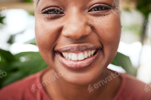 Preview: Portrait, plants and teeth with a black woman gardener in her home for sustainability or green grow