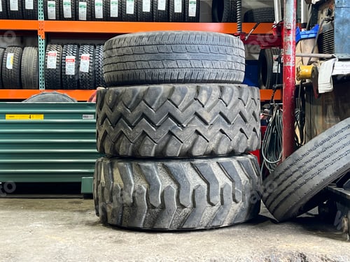 Preview: Stack of tires stacked in a workshop setting