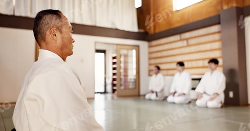 Preview: Martial arts students, master or bow in dojo for aikido practice, discipline or self defense in cla